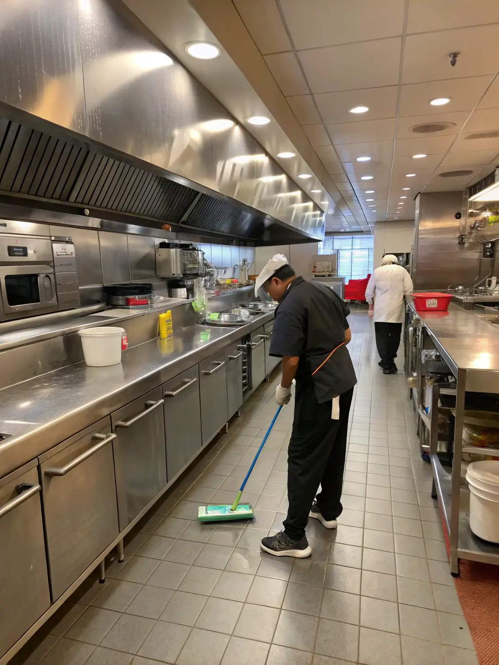 A restaurant kitchen being deep cleaned, with focus on sanitizing surfaces and equipment.