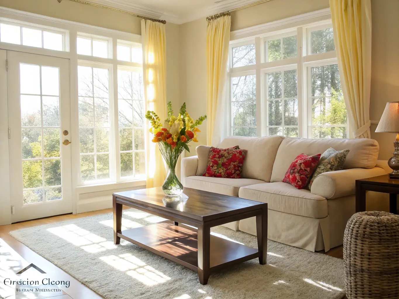 A bright and airy living room being thoroughly cleaned by a Brightcoat Shine LLC cleaning professional, showcasing attention to detail and a spotless finish.