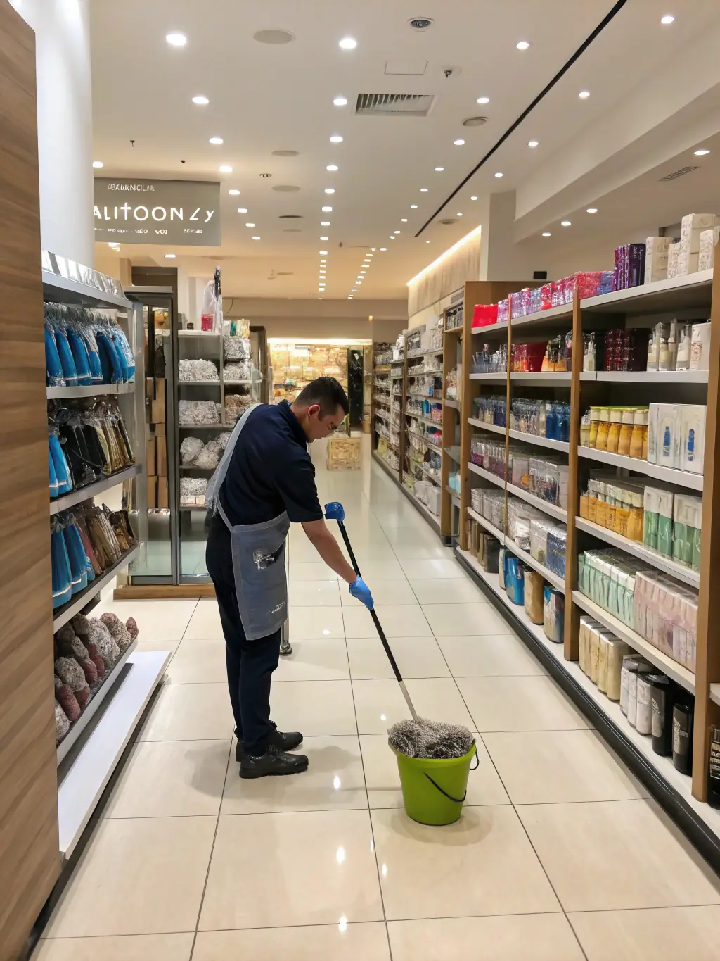 A retail store aisle being mopped and sanitized, showcasing cleanliness and hygiene.